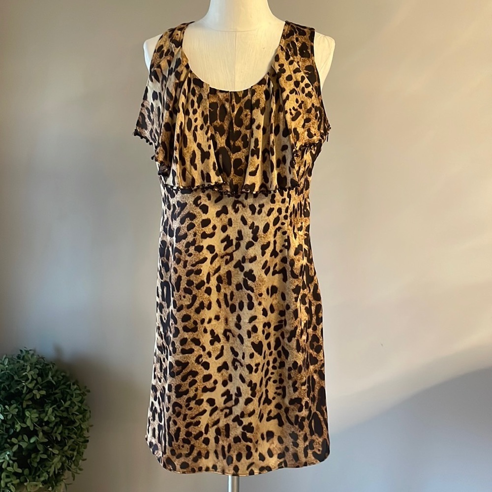 Milano women’s leopard / animal print dress. Ruffle /  bib beaded neckline sz 8